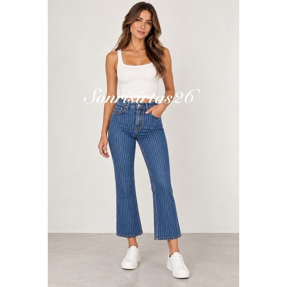 Reformation Mid Crop Flare Jeans Women 28 Mesa Stripe High Rise Pinstripe Casual